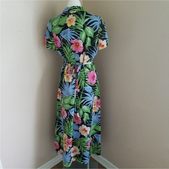 80s Hawaiian Short Sleeve Vintage Flower Button Down Tie Waist Maxi Dress 16 - Picture 2 of 10